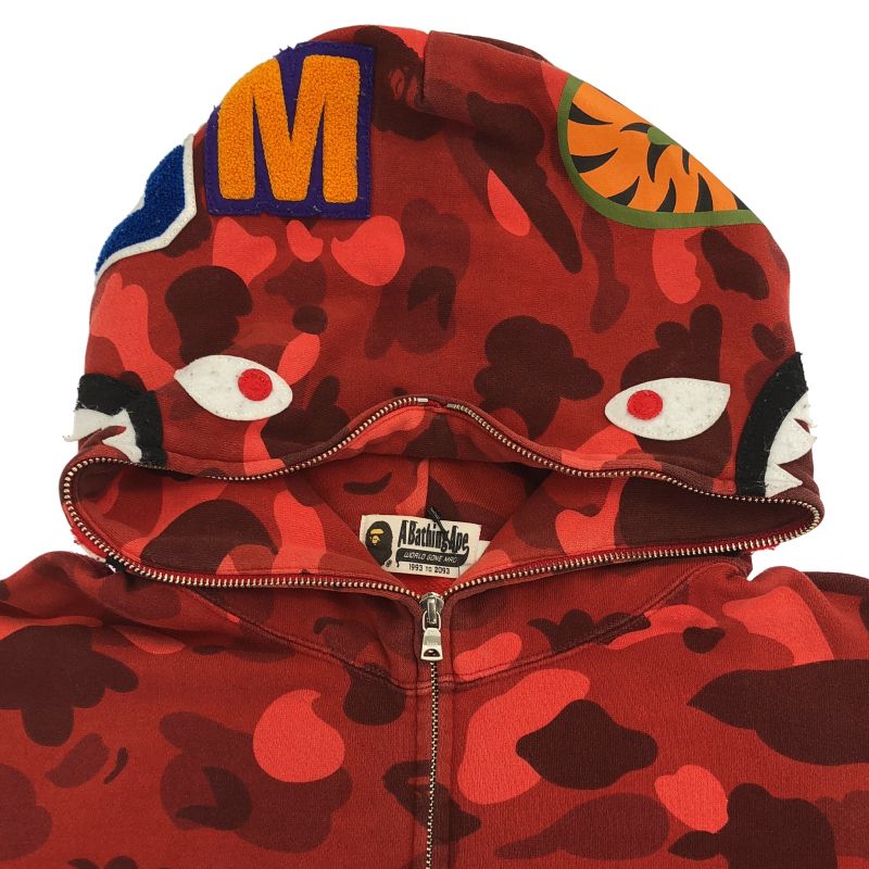 中古】A BATHING APE CAMO SHARK ジップアップパーカー L レッド ア