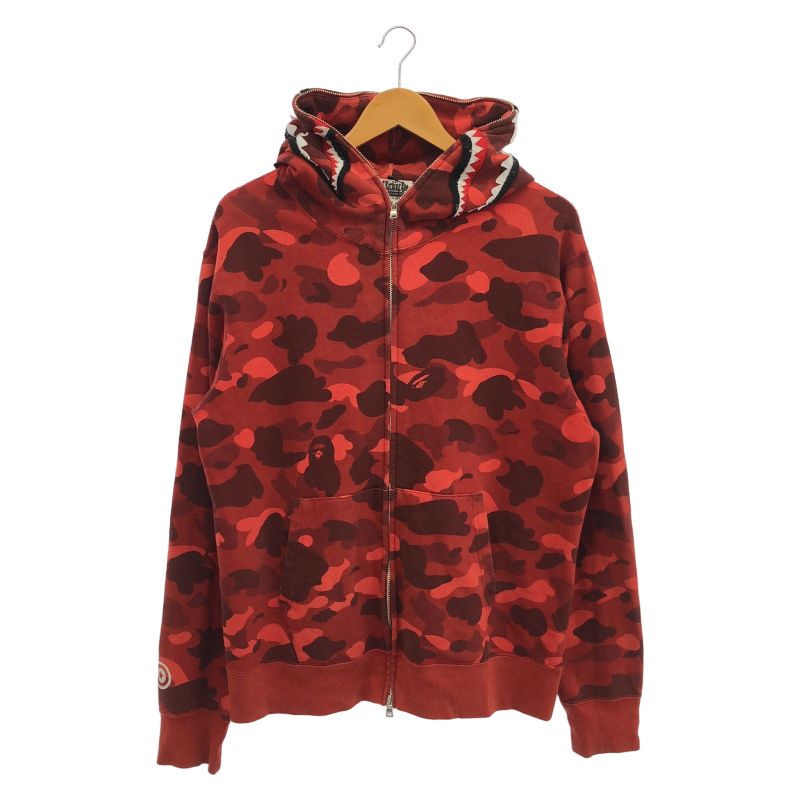 中古】A BATHING APE CAMO SHARK ジップアップパーカー L レッド ア