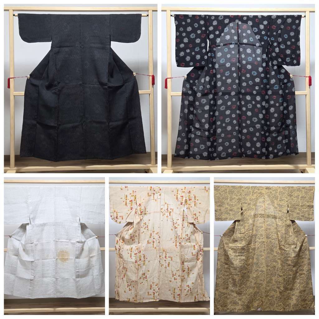 A5◆着物くつろぎ 夏物 花模様 亀甲 抽象 白 黒 絹麻 綿麻 麻 薄物 絽 紗 着物 リメイク 素材 生地 5枚 まとめ売り 7,186円