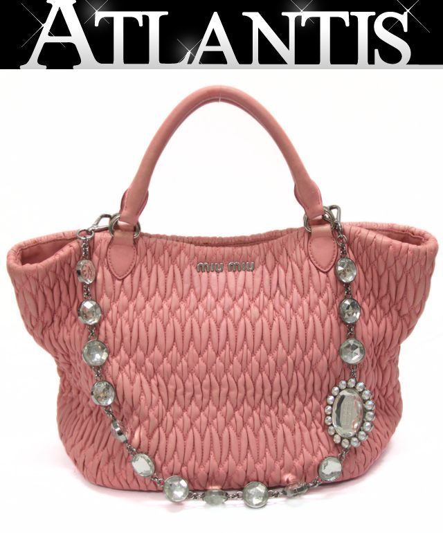 miu miu マテラッセ ビジュー トートバッグ レザー ピンク 【75586】