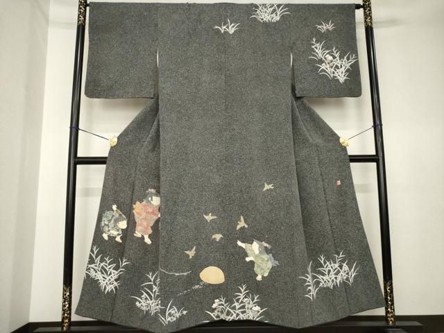 平和屋着物○十日町友禅作家 関口遼一 訪問着 童子 たたき染め 黒地