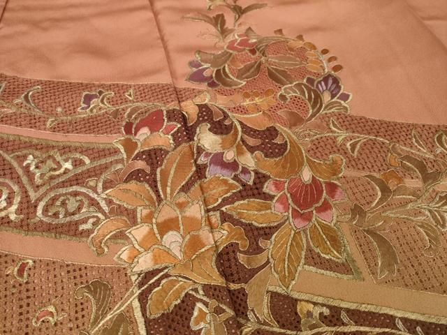 中国三大刺繍 汕頭刺繍 振袖 臙脂色 枝花文 金彩 正絹 逸品 中国