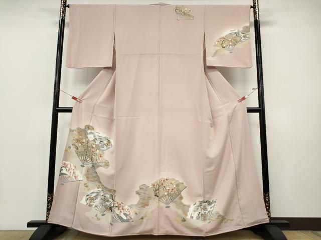 訪問着 作家物 汕頭刺繍 花模様 金糸 紅鼠色 しつけ糸 K-5902 平和