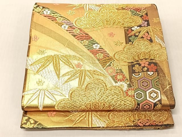平和屋着物○両面 六通柄袋帯 唐織 松竹梅 草葉文 正絹 逸品 DABB3170cm