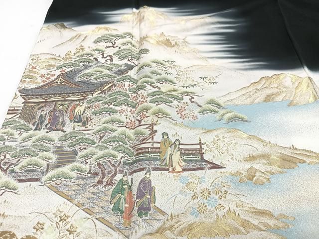 寿光織　狩野帝鑑図織り出し一つ紋色留袖（比翼衿付き）/裄71 京都えり善　d30 平和屋着物□豪華黒留袖 寿光織 狩野帝鑑図 暈し染め 金彩 正絹 逸品