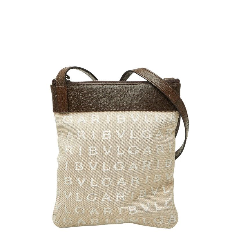ブルガリ ロゴマニア ショルダーバッグ ベージュ ブラウン キャンバス レザー レディース BVLGARI【1-0278612】