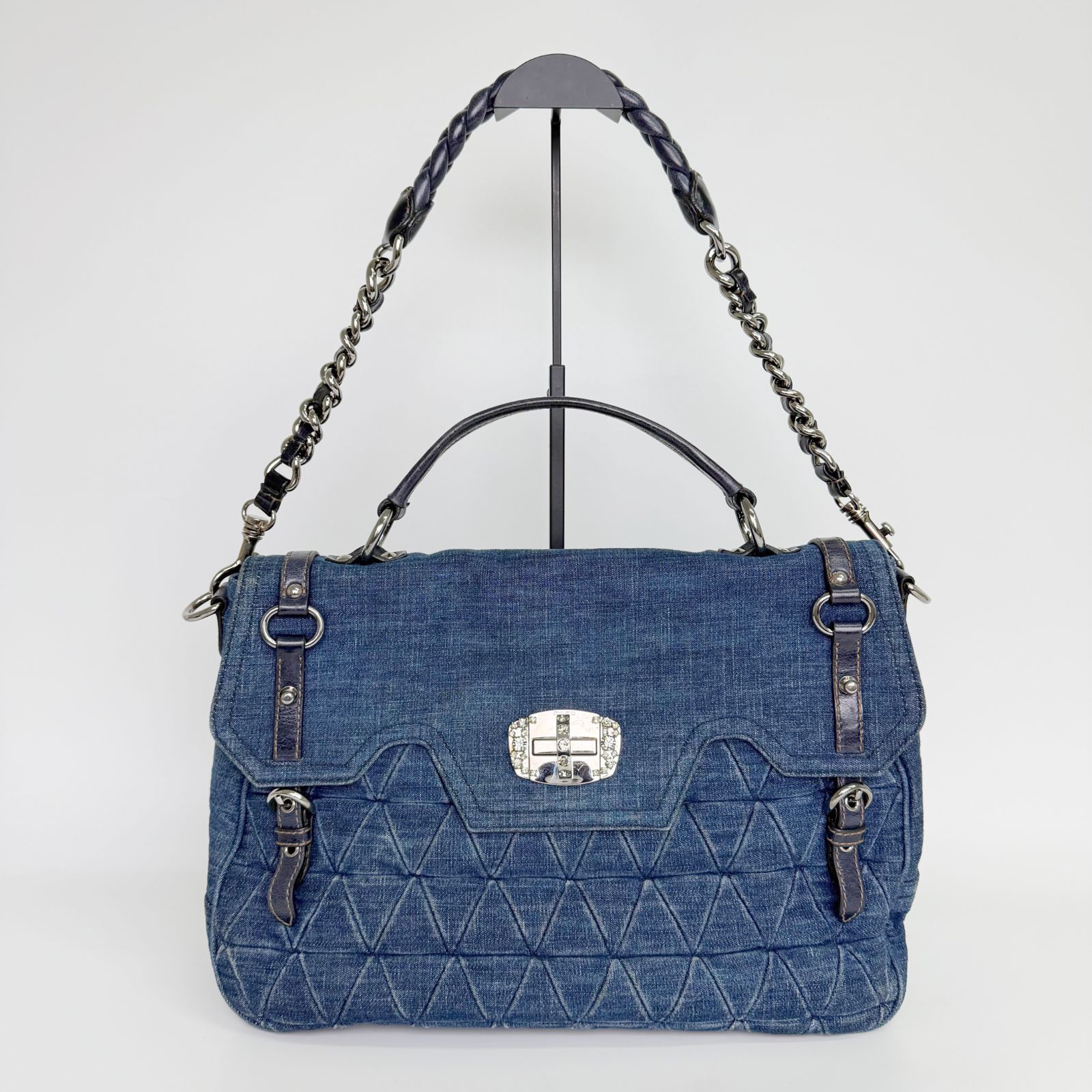 【中古】MIU MIU ミュウミュウ バイカー 2WAY ハンドバッグ ショルダーバッグ デニム ブルー 金具シルバー ヴィンテージ レディース HIBUOCHI VINTAGE hboc260722a13