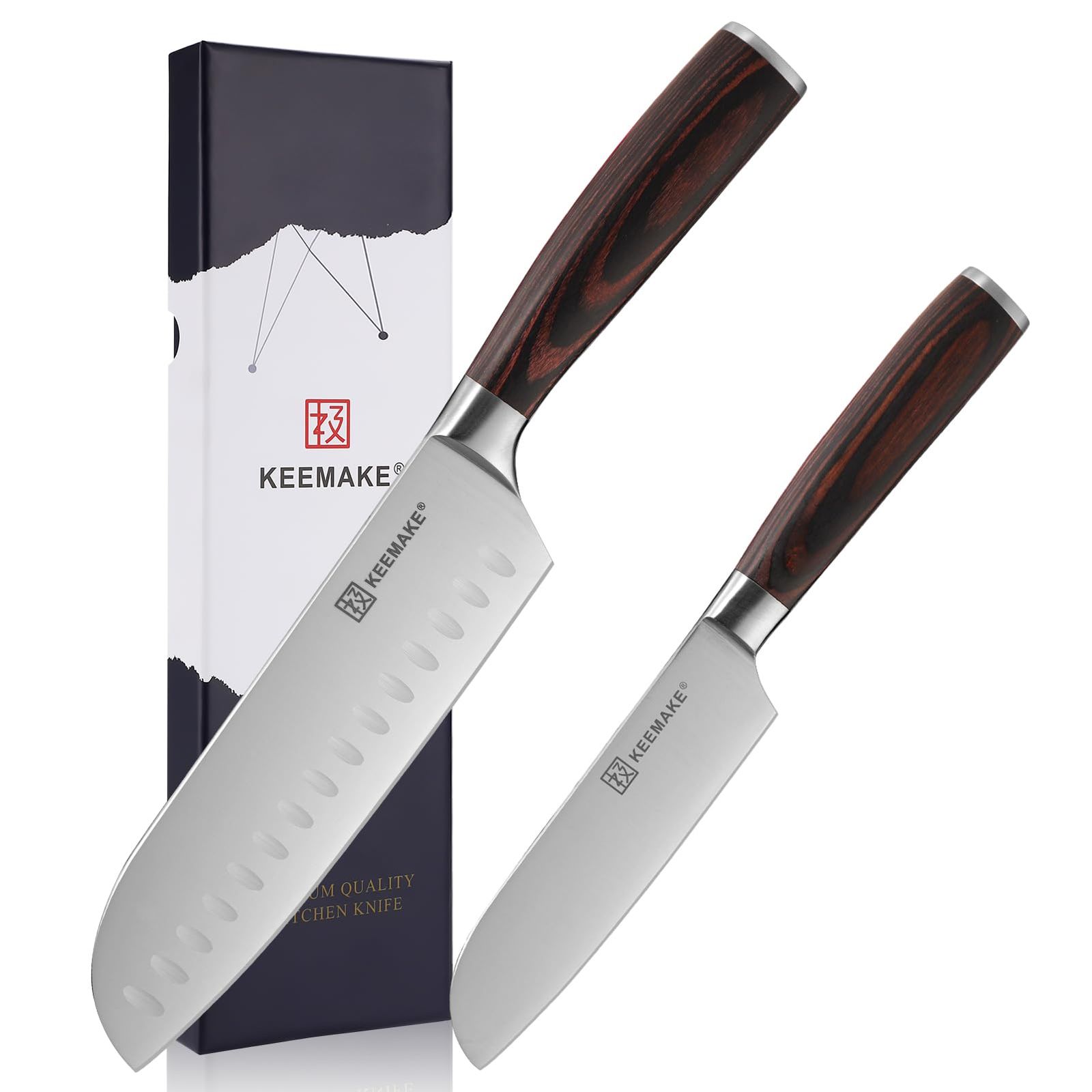 KEEMAKE 包丁 三徳包丁 2点セット 高炭素ステンレス 両刃 食洗機対応 錆びにくい よく切れる 万能包丁 野菜 肉 魚 プレゼント 家庭用 (180mm+130mm)Ju a488086a