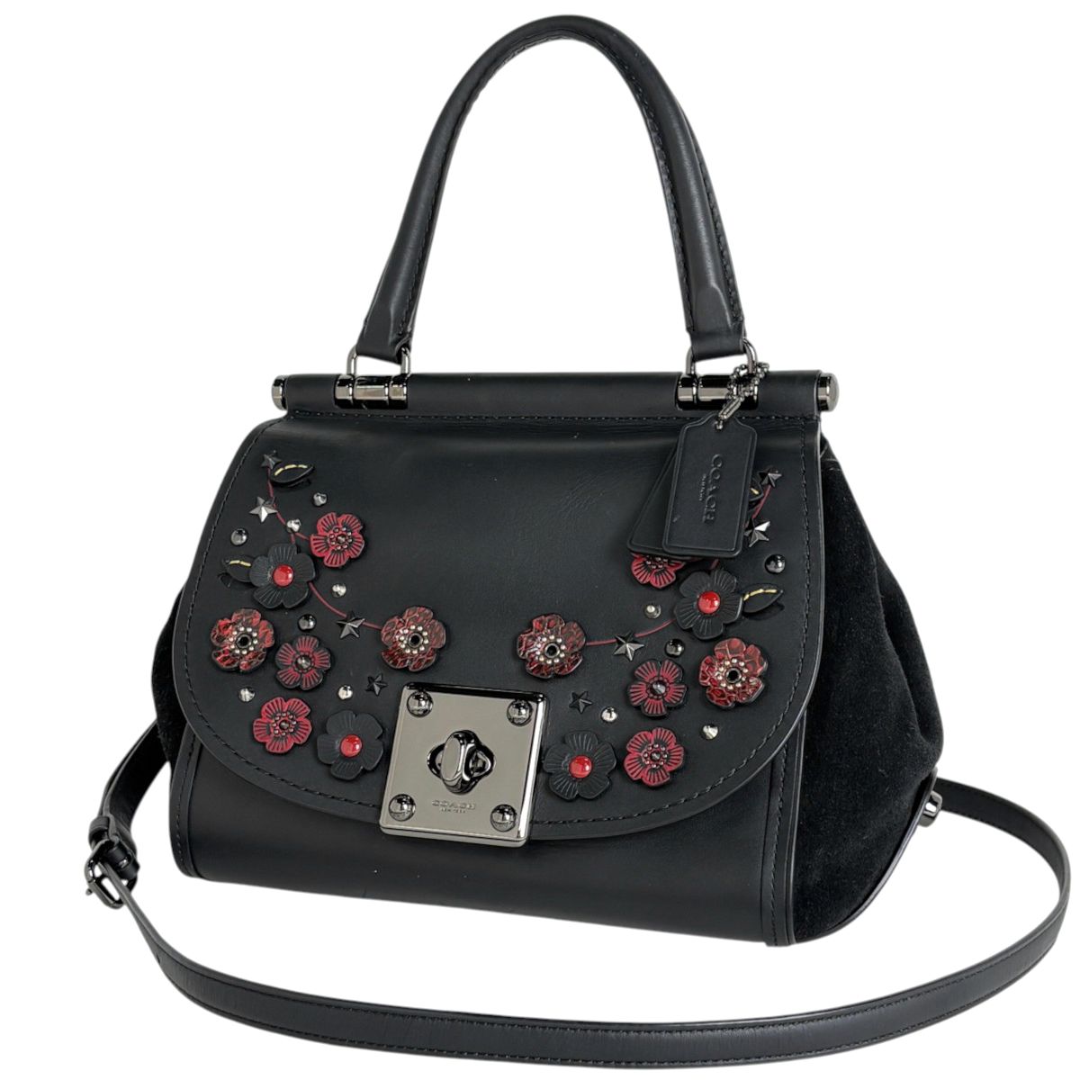 コーチ COACH ハンドバッグ 2WAY ショルダーバッグ フラワー スタッズ レザー ブラック 87108 レディース 【中古】