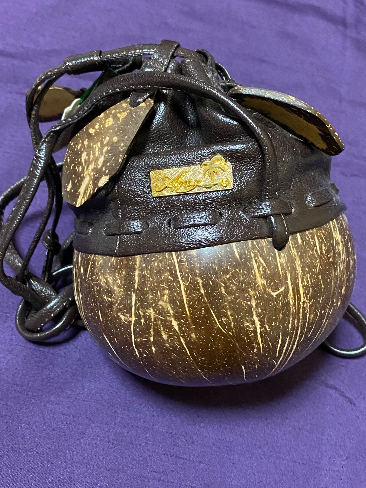 【本革×天然ココナッツ】ヤシの実 巾着 ショルダーバッグ レザー ブラウン　茶系　アジアン リゾート ハワイアン エスニック 和装 浴衣 カゴバッグ かごバッグ 個性的 ユニーク 高級感 巾着バッグ