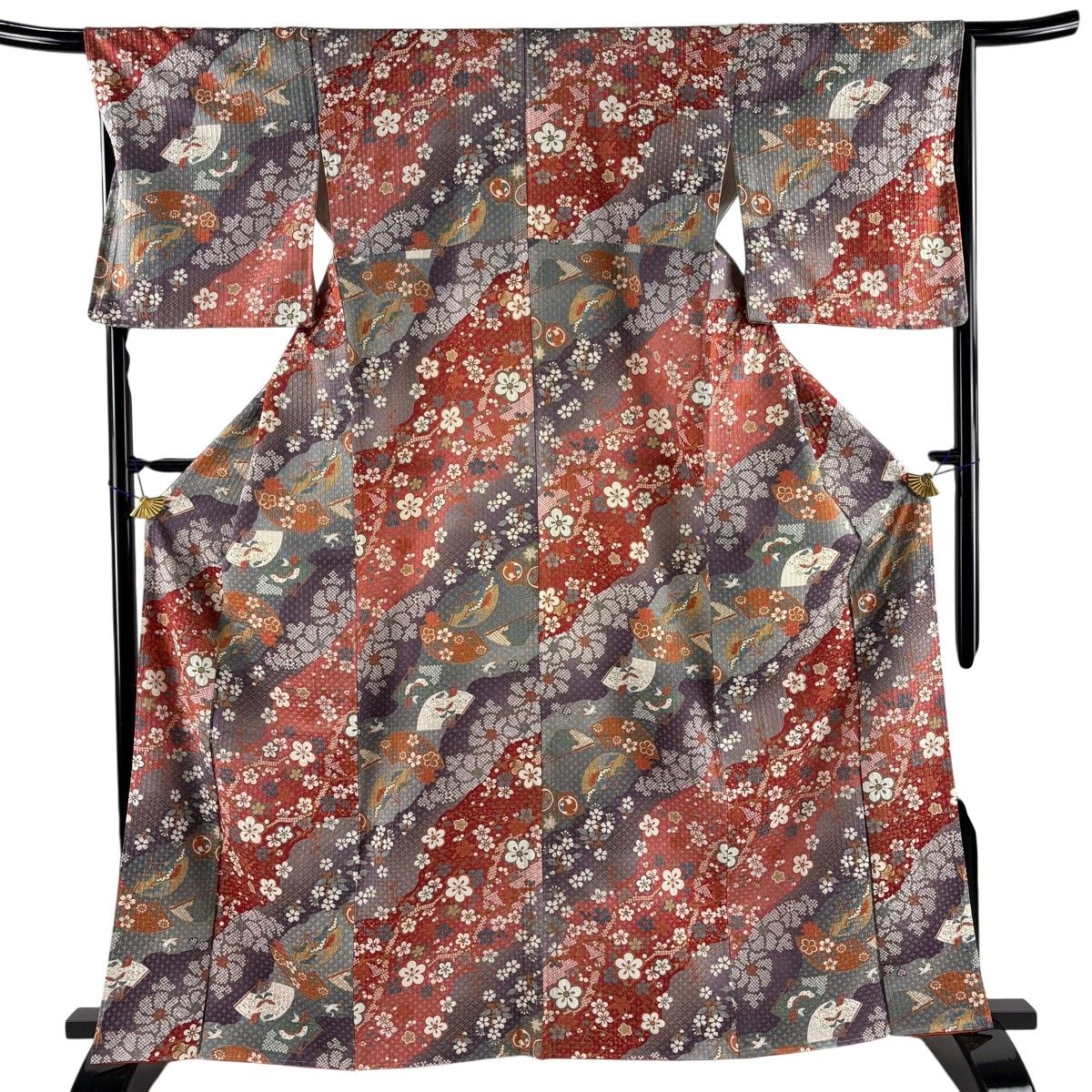 美品】 小紋 身丈163.5cm 裄丈67cm M 袷 枝梅 扇 金彩 茜色 正絹 優品