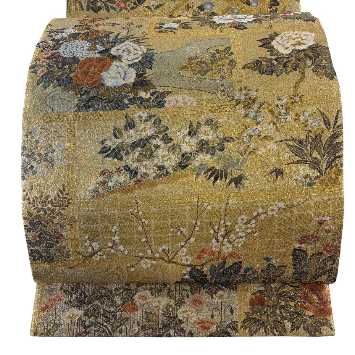 丸帯 秀品 花鳥 琳派大全集 金糸 箔 金色 お太鼓柄 正絹 【中古】