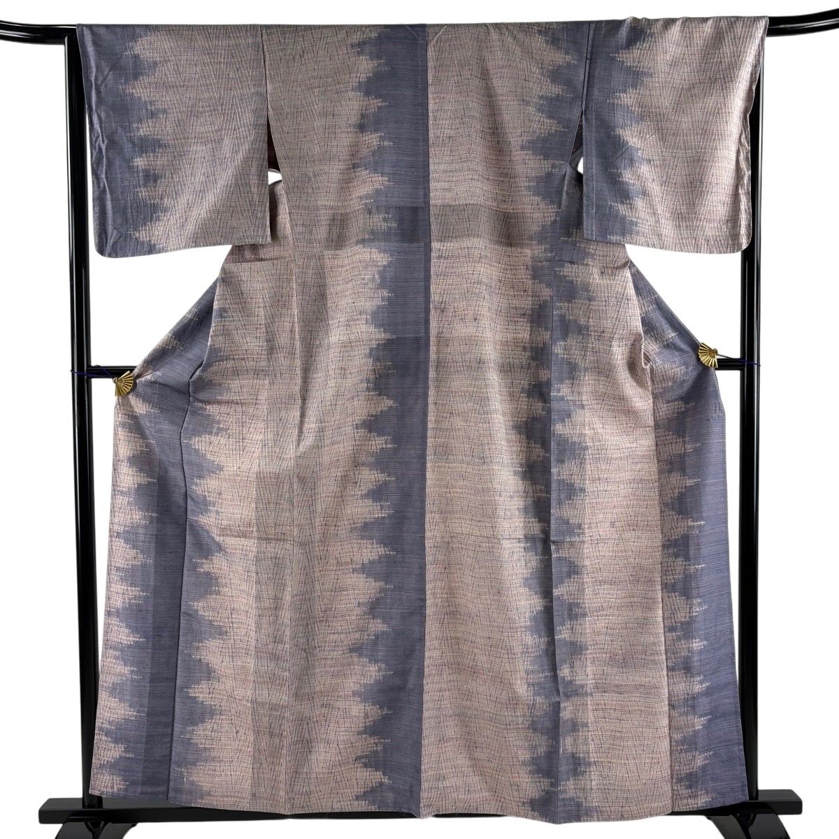 【美品】 小紋 身丈160cm 裄丈66cm M 単衣 紬地 幾何学模様 絞り ピンク 正絹 秀品 【中古】