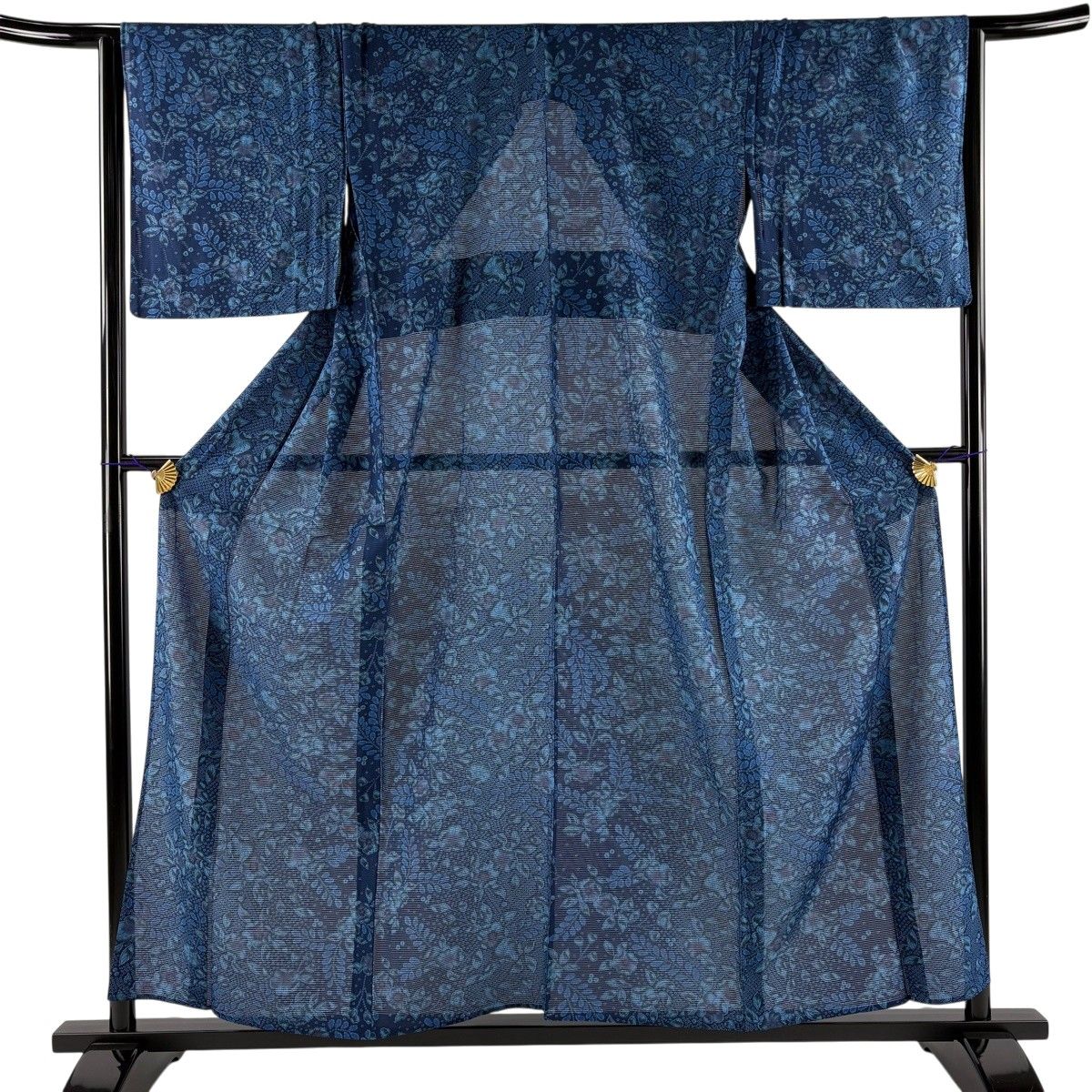 小紋 身丈156.5cm 裄丈65cm M 薄物 絽 草花 藍色 正絹 秀品 【中古】