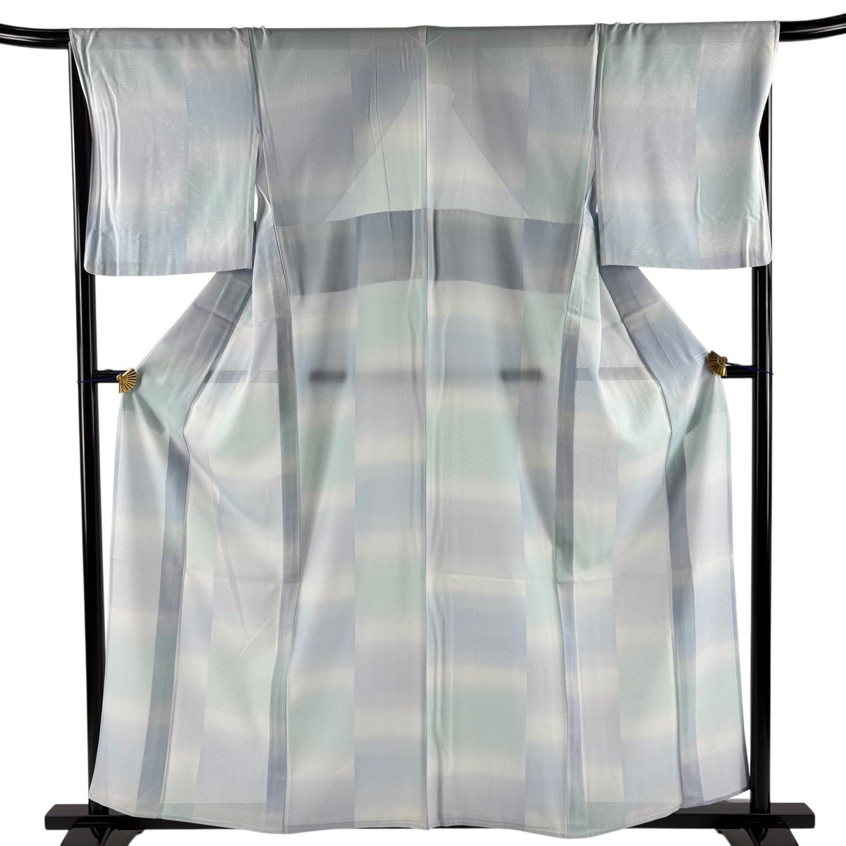 【美品】 小紋 身丈158cm 裄丈68cm L 薄物 絽 段ぼかし 青灰色 正絹 秀品 【中古】