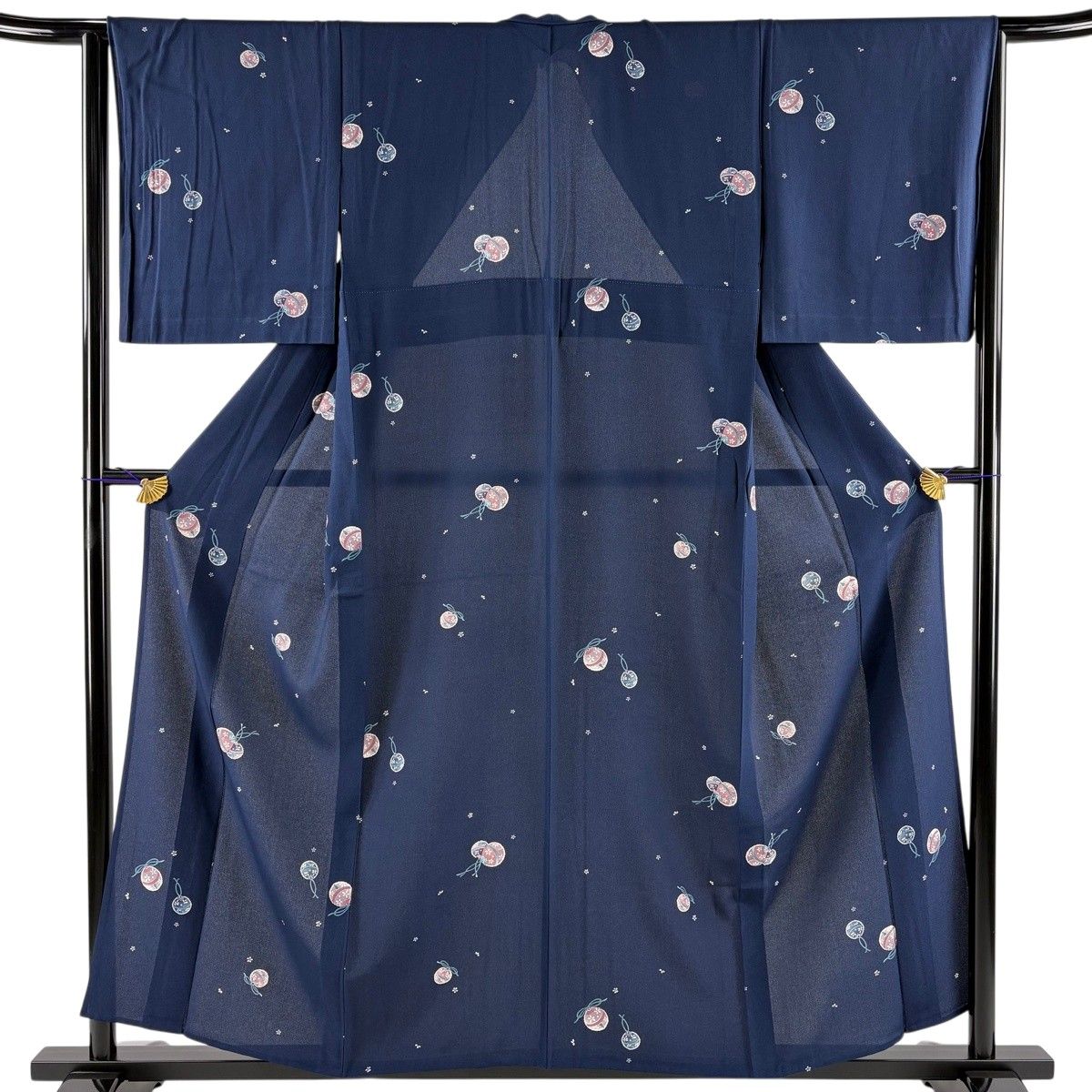 【美品】 小紋 身丈155.5cm 裄丈65cm M 単衣 鈴 小花 紺色 正絹 秀品 【中古】