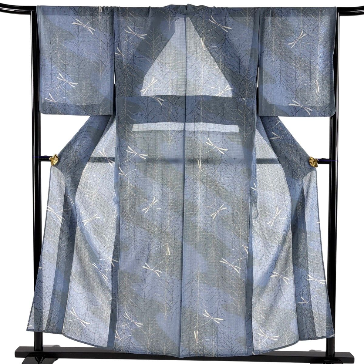 小紋 身丈154.5cm 裄丈65.5cm M 薄物 とんぼ 葉柄 青灰色 正絹 秀品 【中古】
