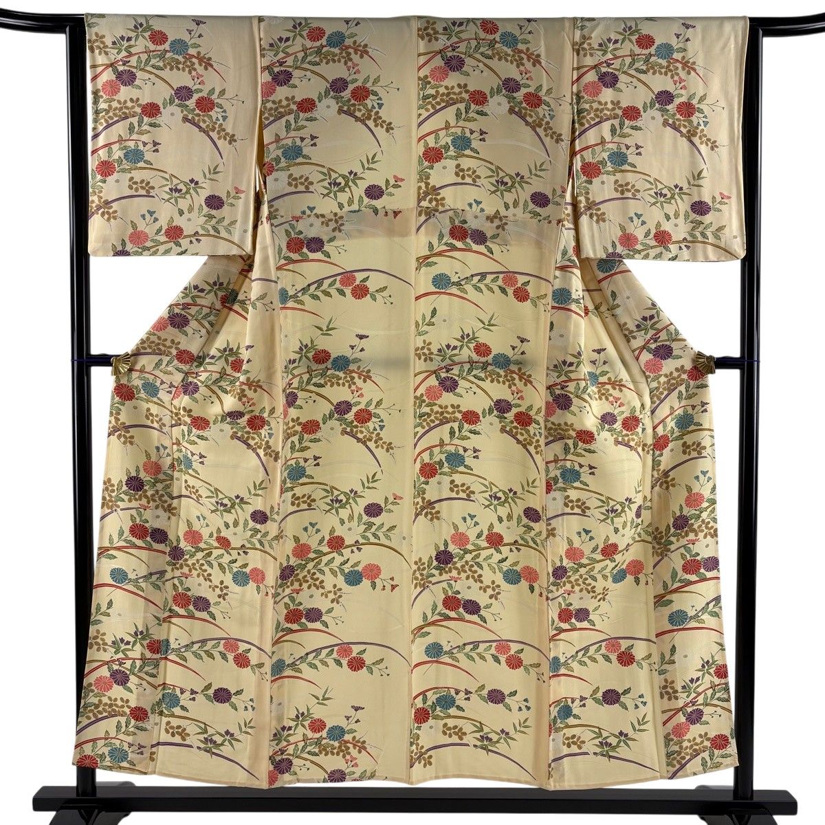 小紋 身丈152.5cm 裄丈63.5cm S 単衣 菊 萩 ベージュ 正絹 秀品 【中古】