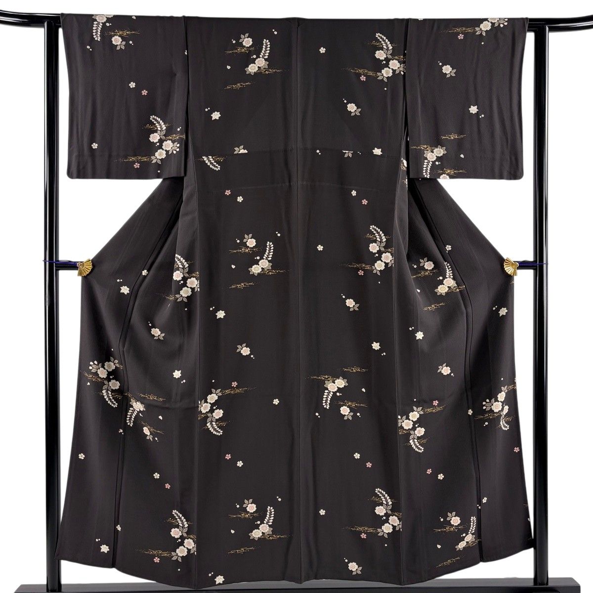 【美品】 小紋 身丈154cm 裄丈62cm S 単衣 草花 箔散らし 金彩 焦茶色 正絹 秀品 【中古】