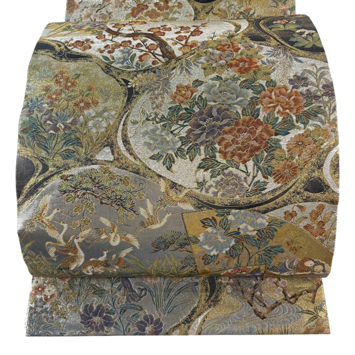 【美品】 丸帯 逸品 琳派流水名勝図 草花 鳥 金糸 箔 金色 お太鼓柄 正絹 【中古】