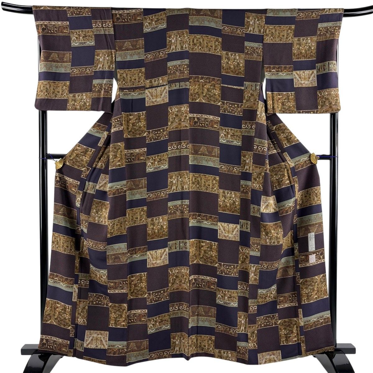 【美品】 小紋 身丈161cm 裄丈68.5cm L 袷 柿しぶ染 落款 コプト柄 縮緬 濃紫 正絹 名品 【中古】
