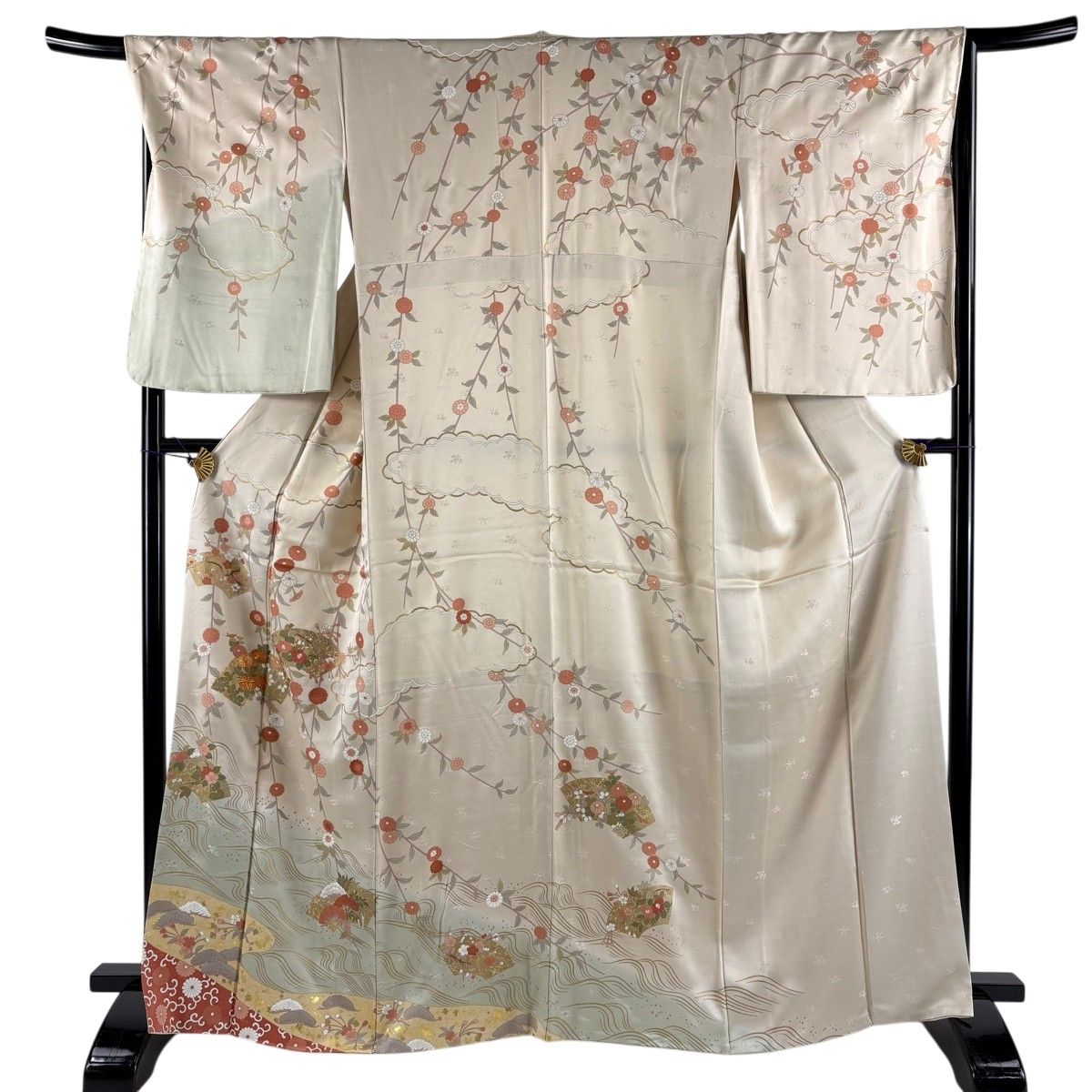 訪問着 身丈165.5cm 裄丈67.5cm L 袷 扇面 草花 金糸 金彩 クリーム