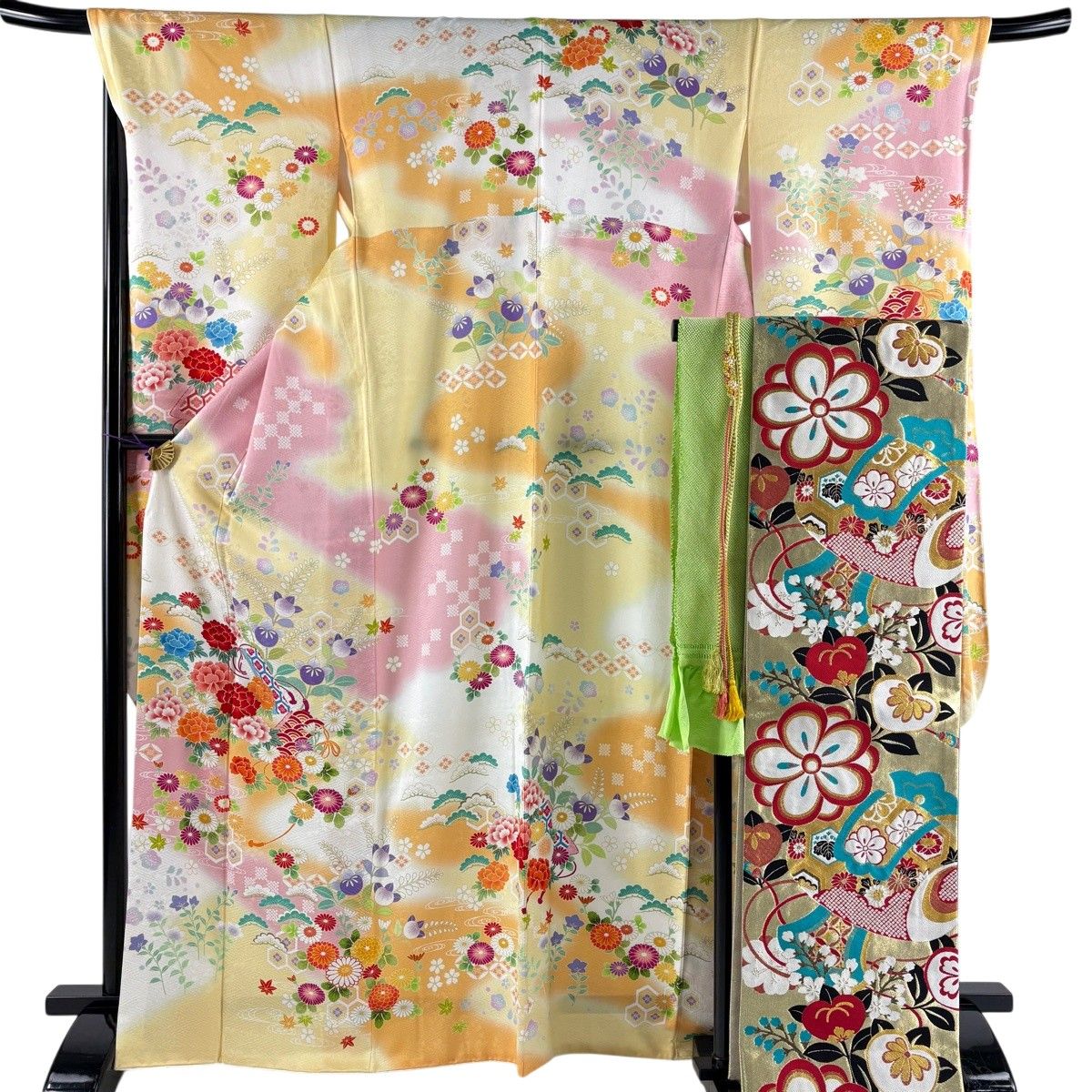 美品】 振袖 身丈169cm 裄丈69.5cm L 袷 袋帯フルセット 牡丹 青海波