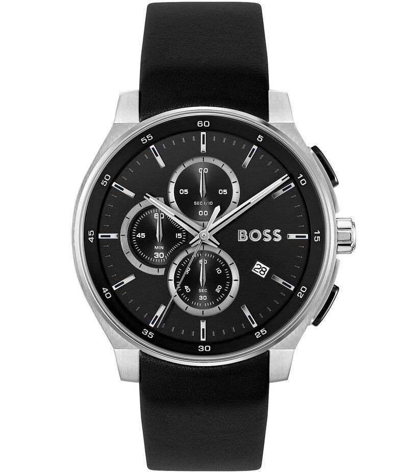 ヒューゴボス レディース アクセサリー 腕時計 レザー Hugo Boss Mens Peak 20 Quartz Chronograph Black Leather Strap Watch Blac
