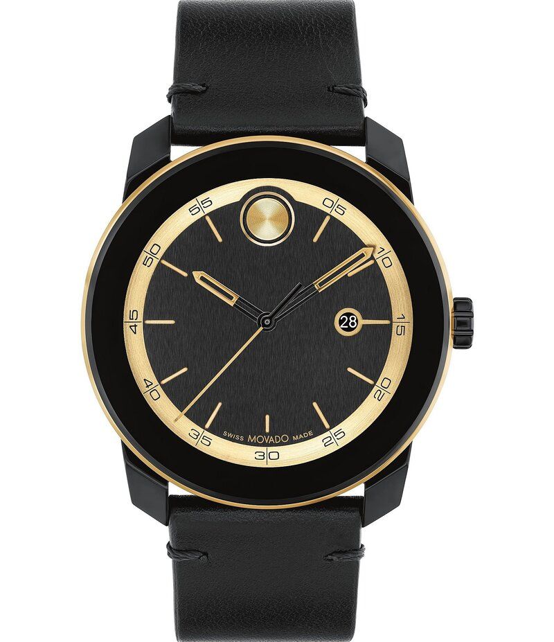 モバド レディース アクセサリー 腕時計 レザー Movado Bold Mens TR90 Quartz Analog Gold Tone Black Leather Strap Watch Bla
