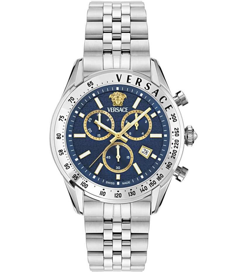 ヴェルサーチ レディース アクセサリー 腕時計 Tシャツ Versace Mens Chrono Master Stainless SteelBlue Bracelet Watch Silver シル