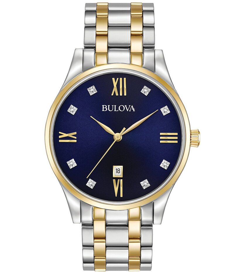 ブロバ レディース アクセサリー 腕時計 Tシャツ Bulova Mens Blue Dial Diamond Two Tone Stainless Steel Bracelet Watch Two