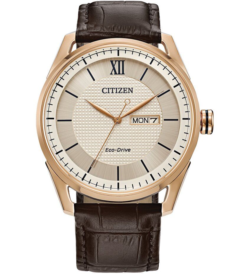 シチズン レディース アクセサリー 腕時計 レザー Citizen Mens Classic Three Hand Brown Leather Strap Rose Gold Watch Brown