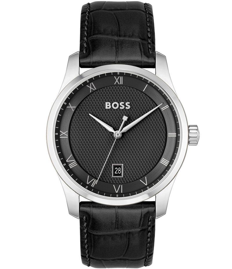 ヒューゴボス レディース アクセサリー 腕時計 レザー Hugo Boss Mens Principle Quartz Analog Black Leather Strap Watch Black ブ