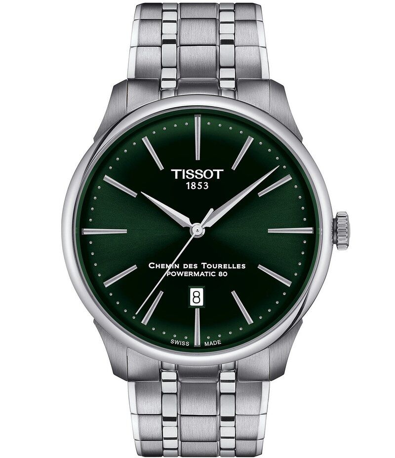 ティソット レディース アクセサリー 腕時計 Tシャツ Tissot Mens Chemin Des Tourelles Powermatic 80 Automatic Green Dial Stai