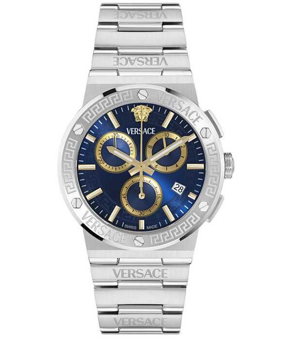 ヴェルサーチ レディース アクセサリー 腕時計 Tシャツ ロゴ Versace Mens Greca Logo Chronograph Stainlessteel Bracelet Watch Sil
