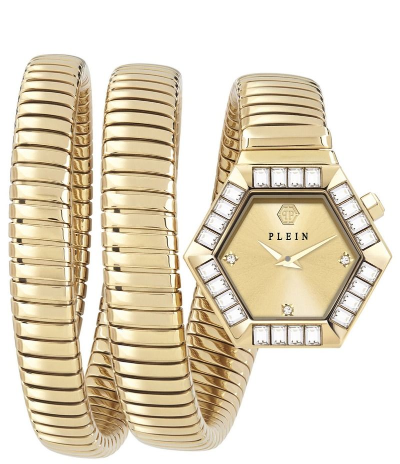 フィリッププレイン レディース アクセサリー 腕時計 Tシャツ Philipp Plein Womens Snake Hexagon Analog Gold Tone Stainless Steel