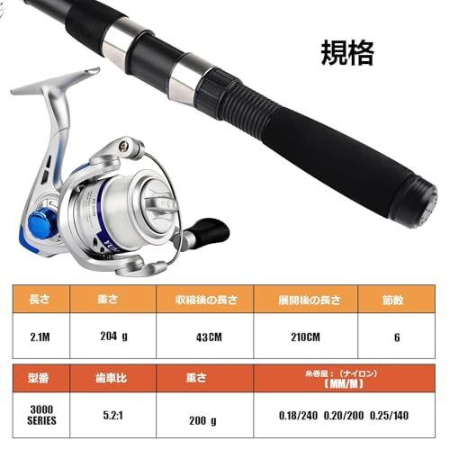 伸縮式釣り竿リールセット 2 本入り 2.1M 折りたたみスピニング竿