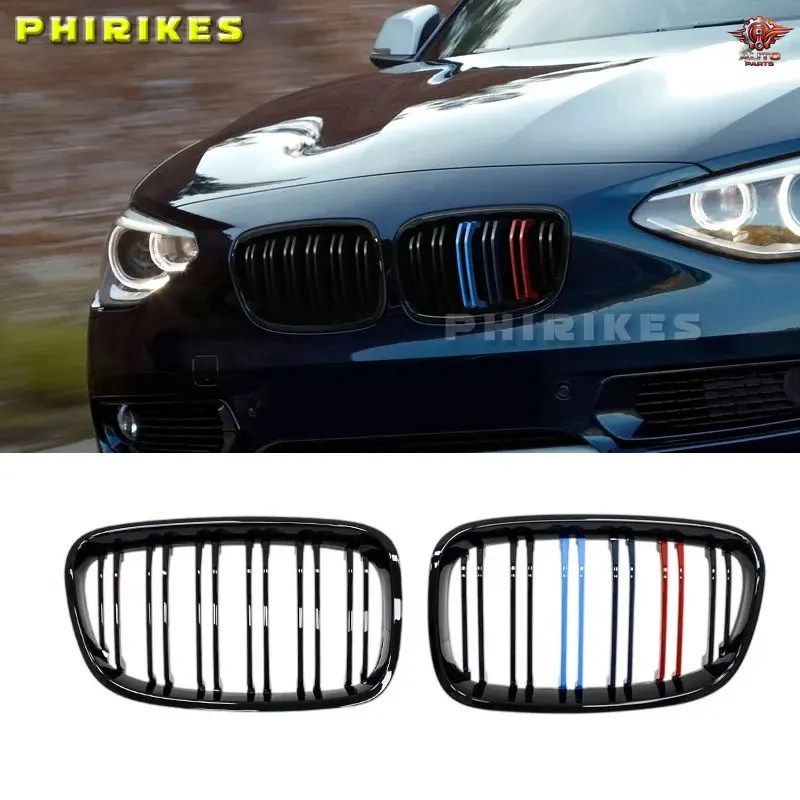 BMW 1シリーズ F20 F21 2011-14年モデル用 グロス仕上げフロントバンパーキドニーグリル ダブルスラットレーシンググリル