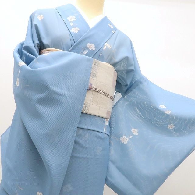 〇606mk37〇洗える夏の小紋 花 絽 居敷当て付 くすみカラー 青系〇美品