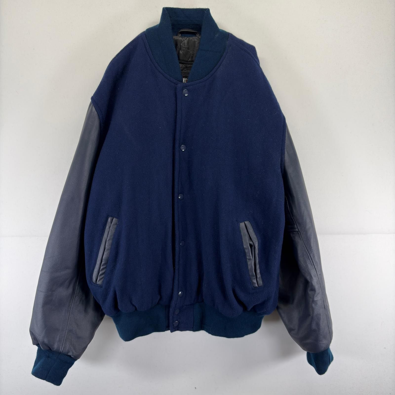 古着 ジャケット スタジャン アワードジャケット 無地 ウール レザー 大きいサイズ 2XL  ブルー系 メンズ