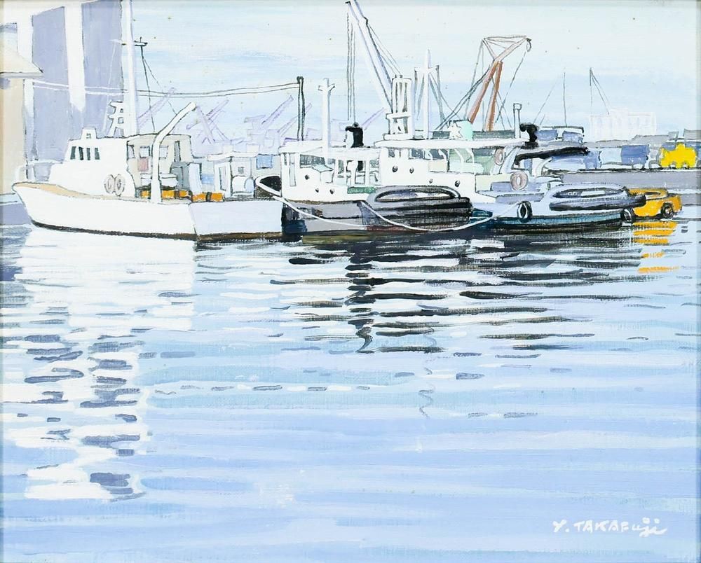 真作】【WISH】高藤義雄「朝の海」油彩 3号 一枚の絵取扱 ◇静かな港に