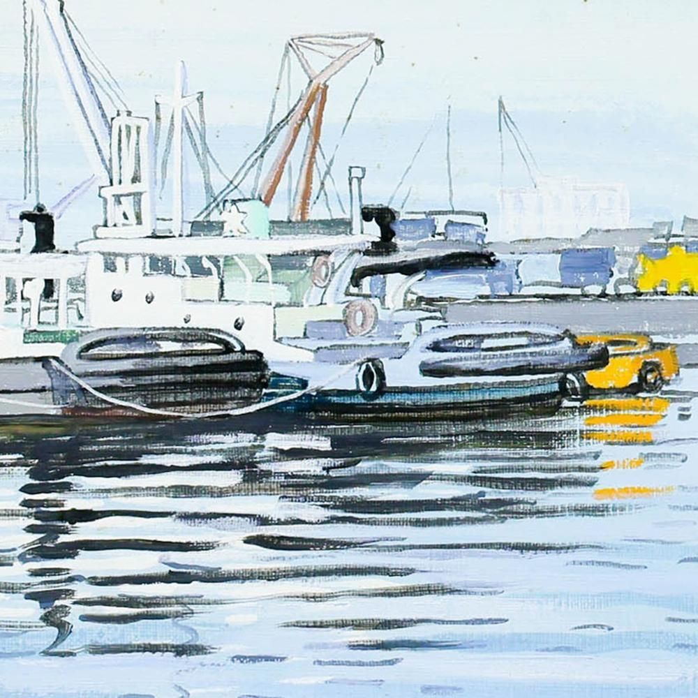 真作】【WISH】高藤義雄「朝の海」油彩 3号 一枚の絵取扱 ◇静かな港に