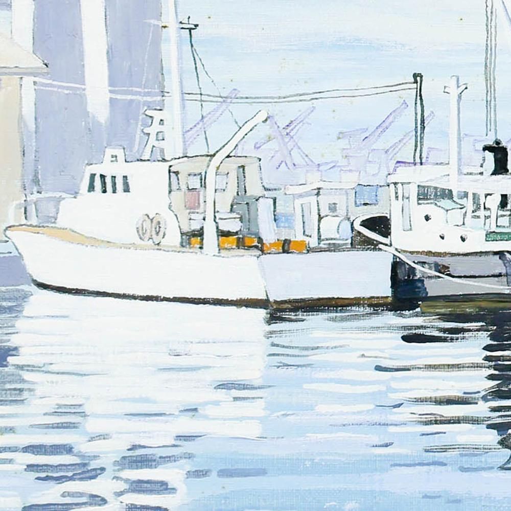 真作】【WISH】高藤義雄「朝の海」油彩 3号 一枚の絵取扱 ◇静かな港に