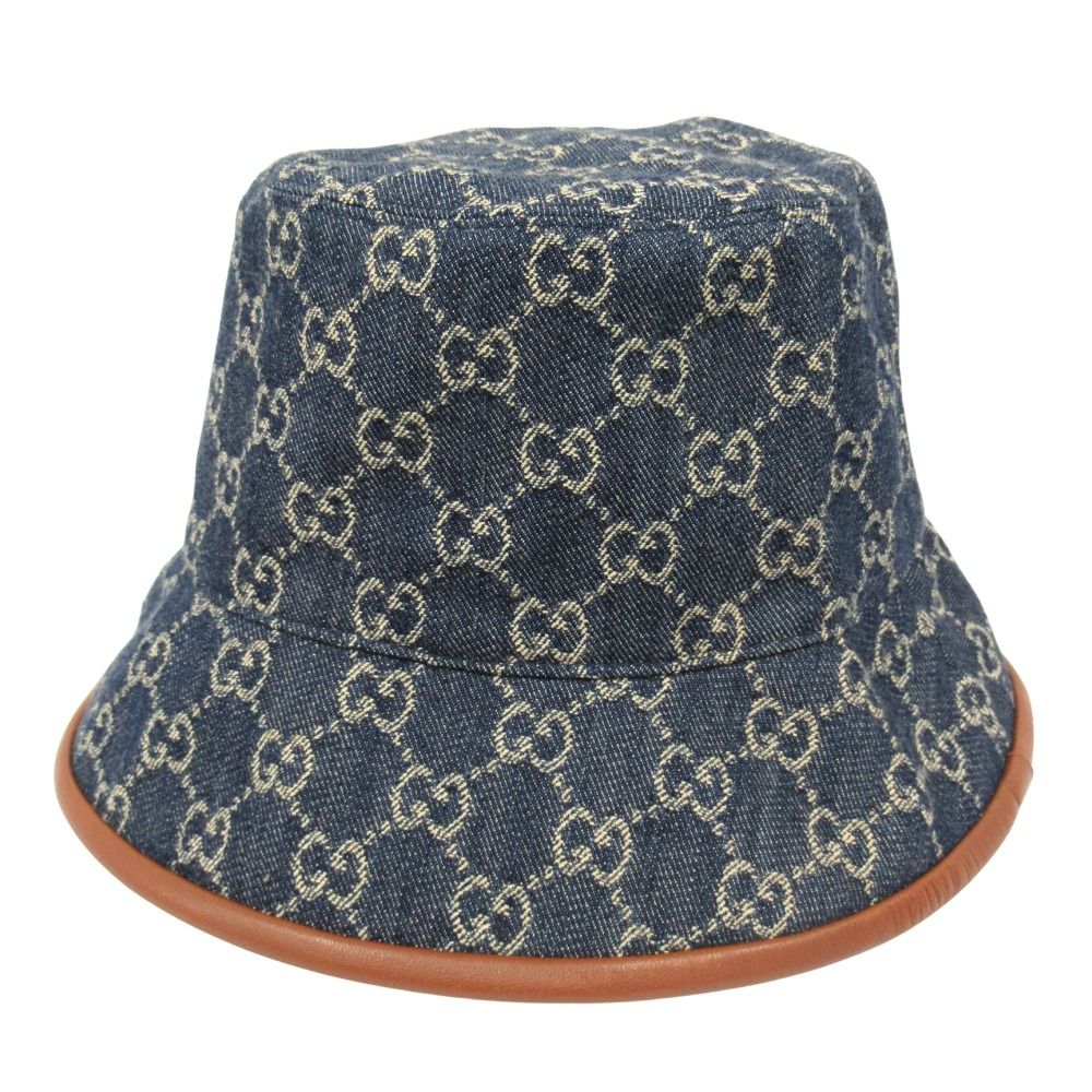 新品同様 GUCCI グッチ GG ロゴ デニム バケット ハット 帽子 ラムレザートリム サイズL 59cm インディゴブルー メンズ レディース 古着 中古 USED 26,091円