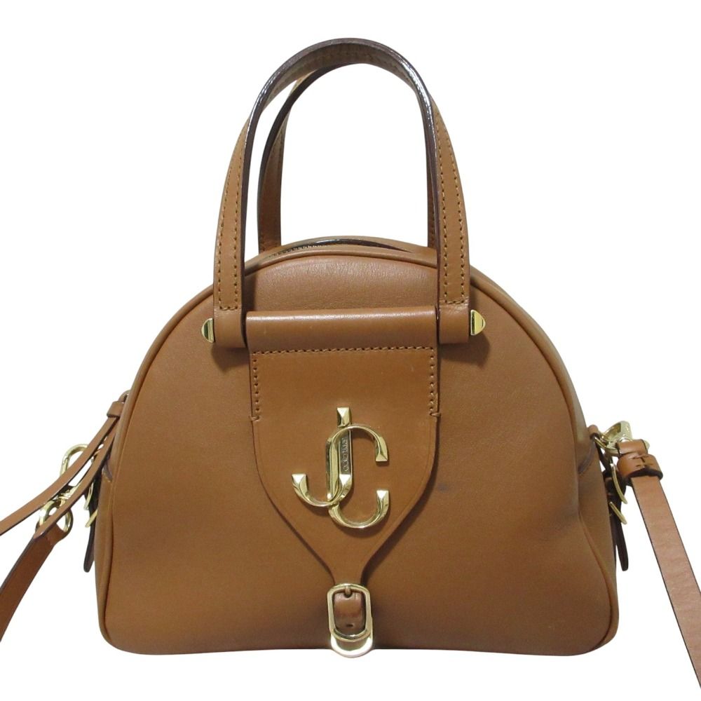 良品 JIMMY CHOO ジミーチュウ ヴァレンヌ JCロゴ レザー ボーリングバッグ 2WAY ハンドバッグ ショルダーバッグ S ブラウン レディース 古着 中古 USED