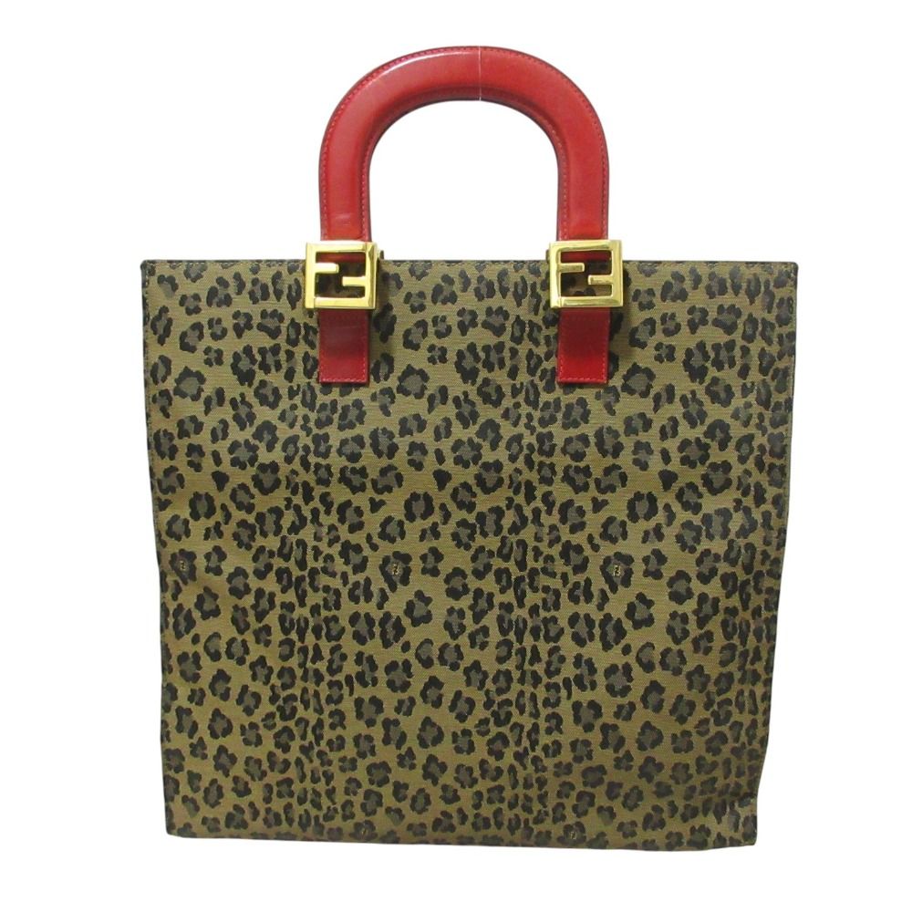 良品 FENDI フェンディ FF金具 レオパードキャンバス トートバッグ 