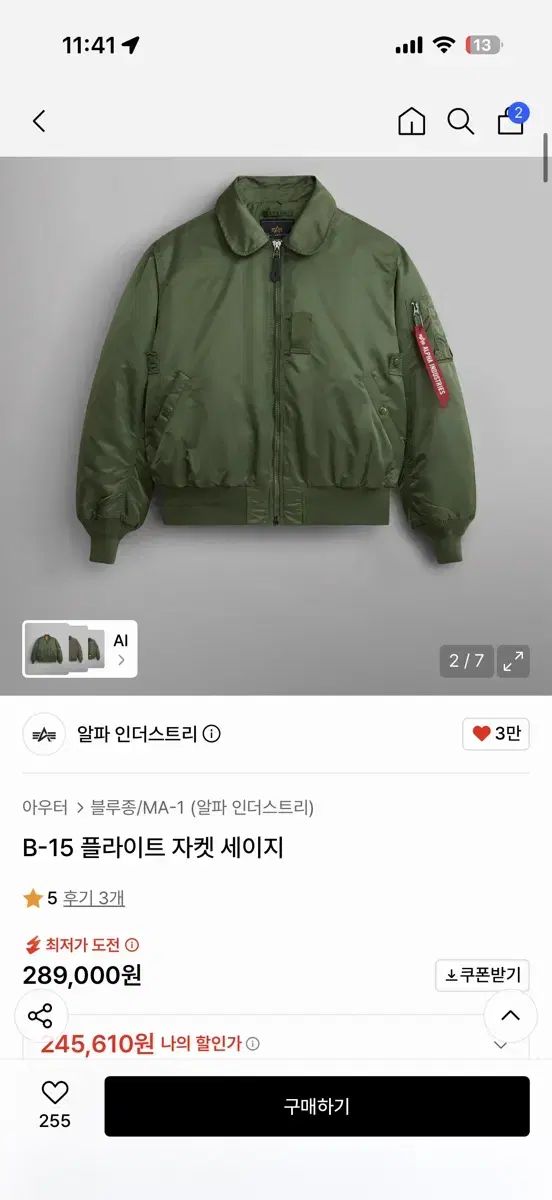 アルファ インダストリー B-15 フライト ジャケット セージ サイズ L
