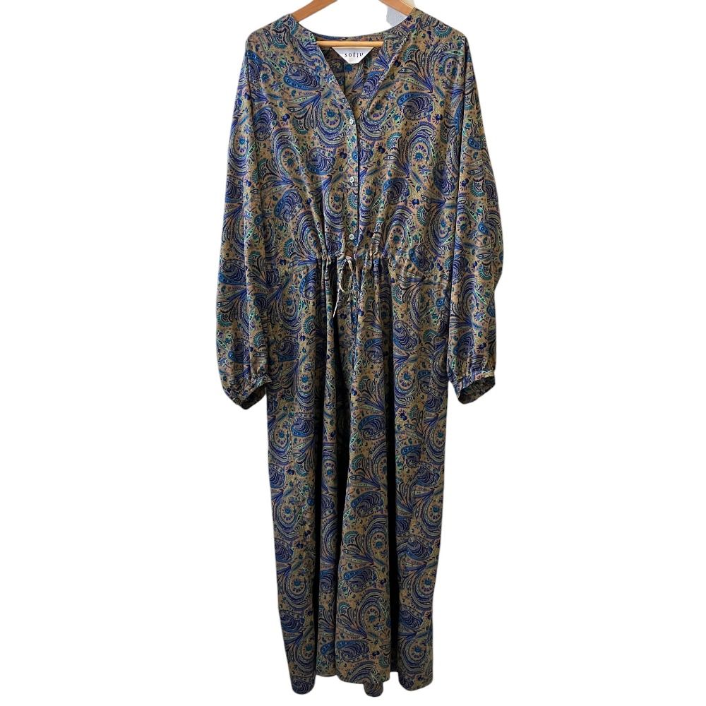 美品 SOEJU ソージュ ペイズリー柄 Vネック ウエスト絞り ワンピース T