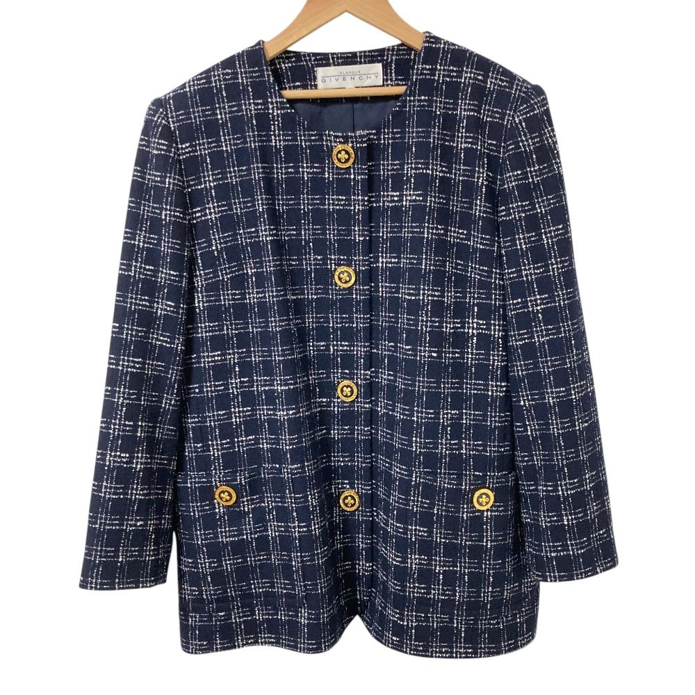 GIVENCHY Life ノーカラー 金ボタン スカートスーツ ネイビー 良品 GIVENCHY ジバンシィ ヴィンテージ チェック 金ボタン ジャケット