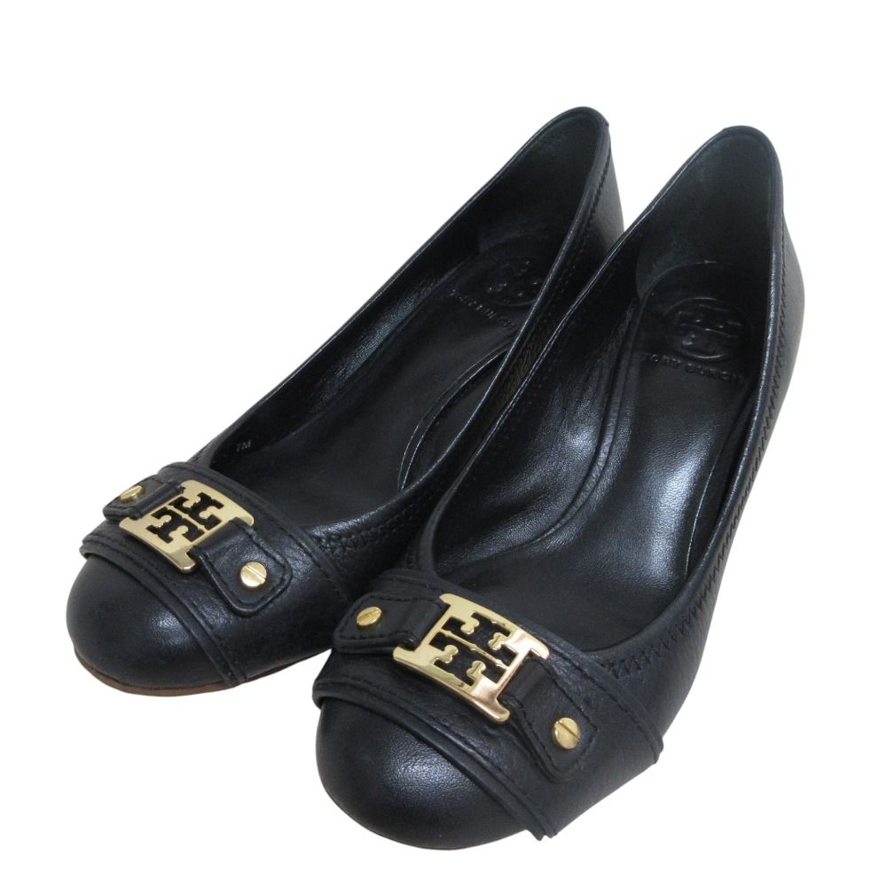 トリーバーチ　ブラックレザーウェッジヒール 良品 TORY BURCH トリーバーチ ロゴプレート レザー ウェッジヒール
